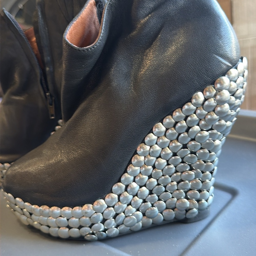 Jeffrey Campbell TICK Black Leather Silver Studded Wedge Booties - Picture 3 of 5